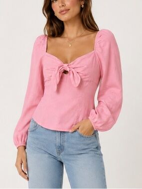 Pomelo Pink Linen Blend Tie Front Blouse